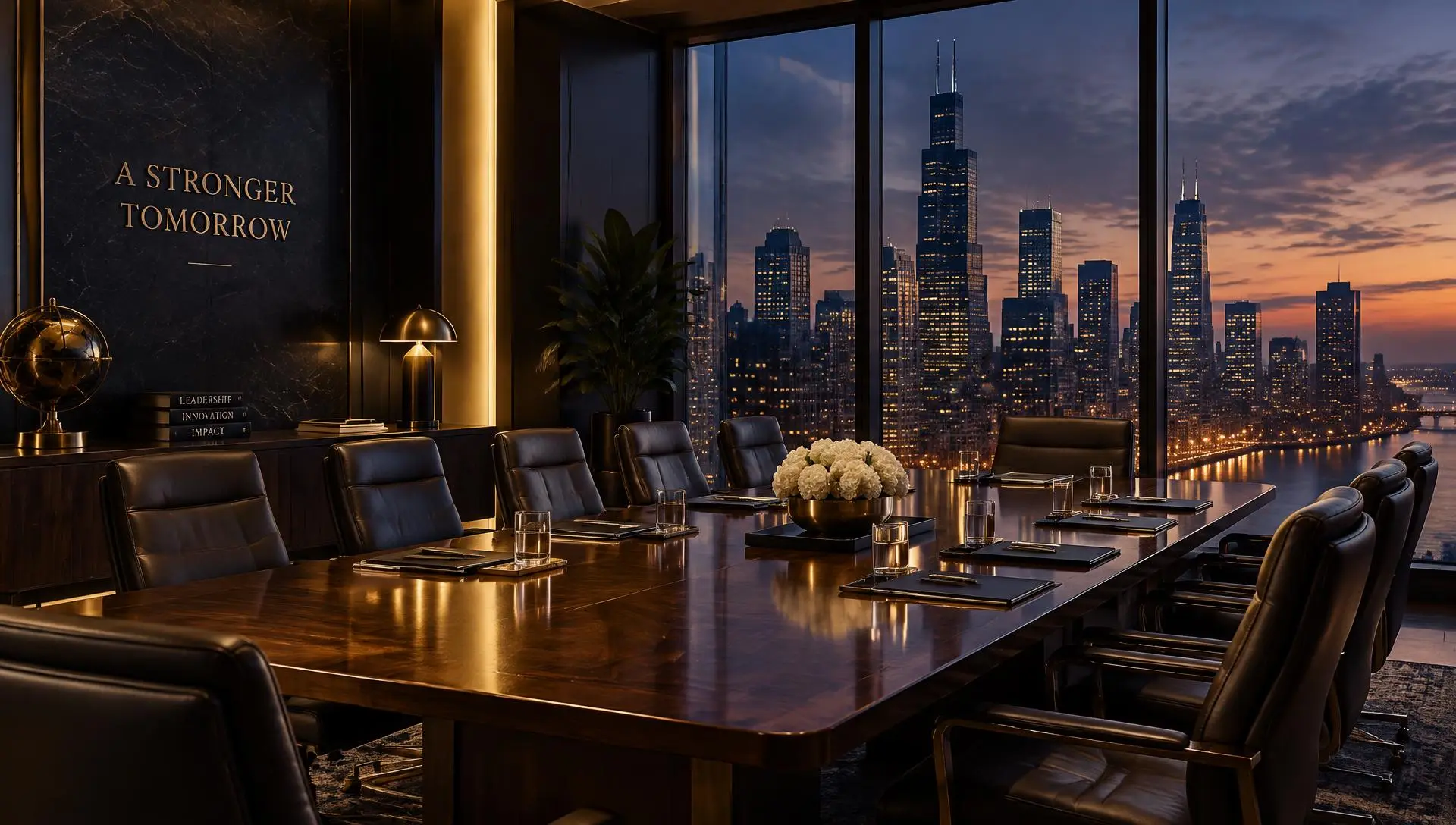 Executive boardroom overlooking the city at dusk
